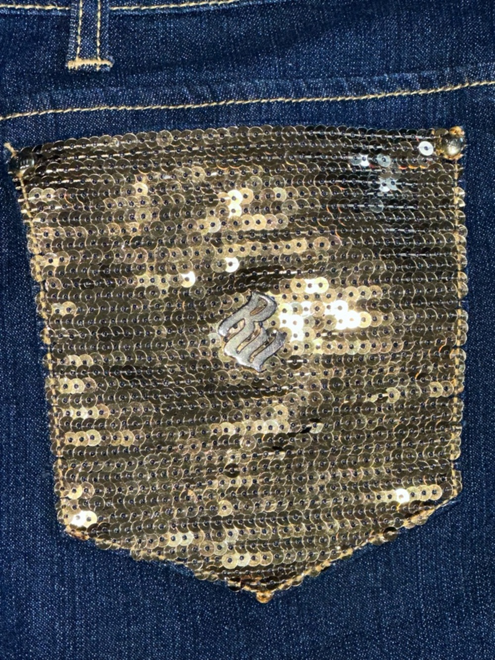 Rocawear Navy Flare Jeans with Gold Sequin Back Pockets - Picture 6 of 8